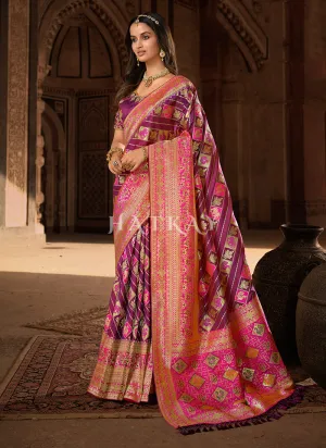 Wine And Pink Patola Silk Saree