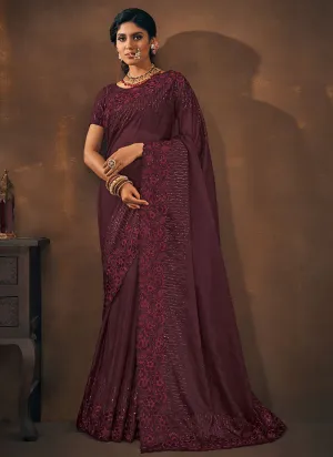 Wine Sequence Embroidery Wedding Saree