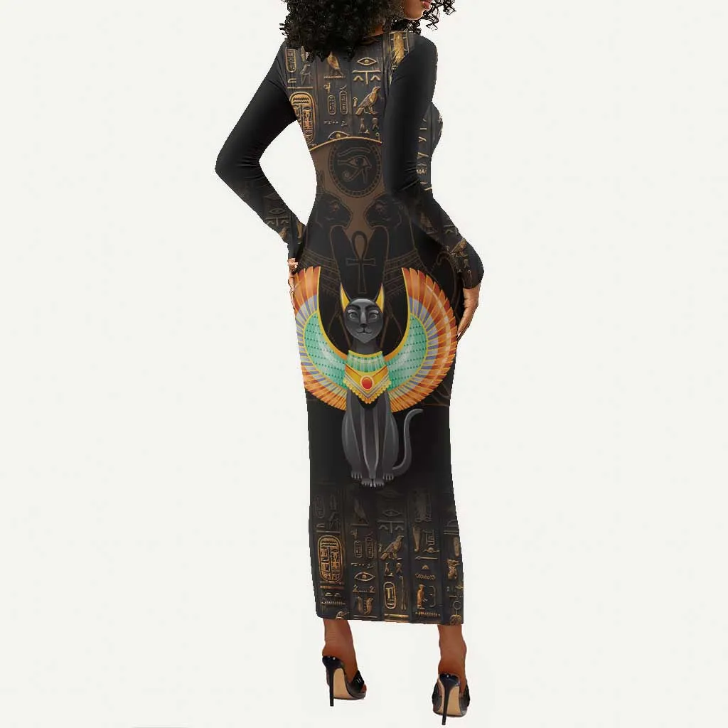 Winged Egypt Cats Long Sleeve Bodycon Dress Ancient Egypt Culture LT9