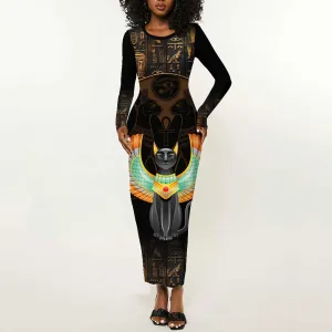 Winged Egypt Cats Long Sleeve Bodycon Dress Ancient Egypt Culture LT9