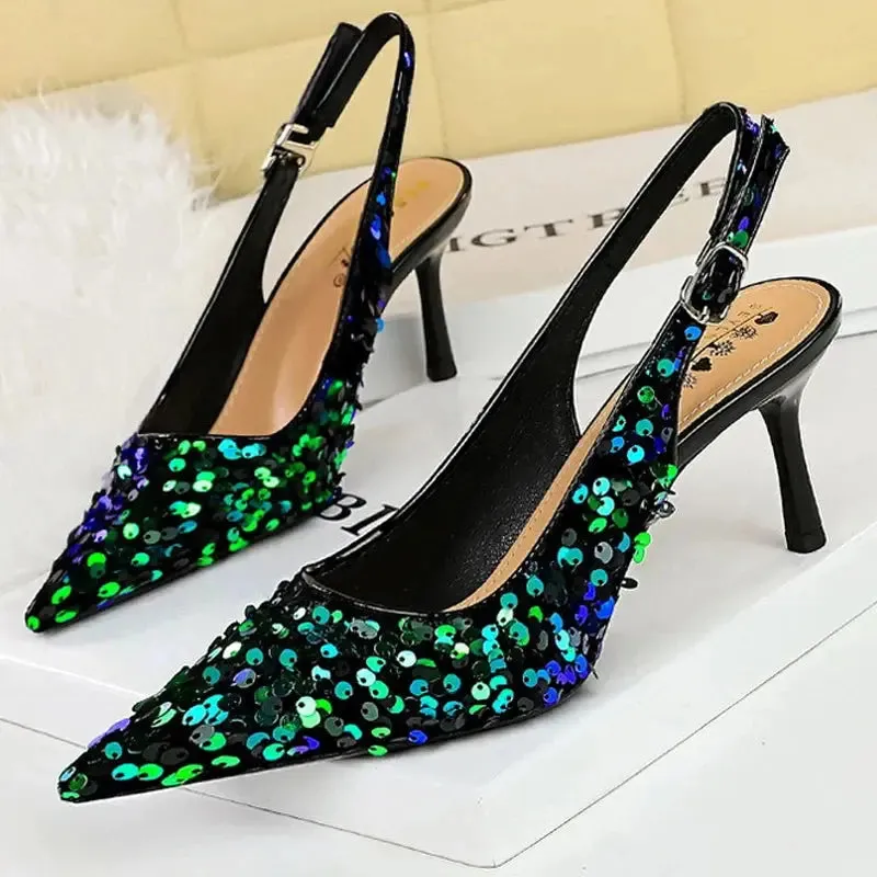 Women 7 Cm 9.5cm Heels Sequin Women Pumps Luxury Banquet Shoes Sexy Party Shoes Fashion High Heels Wedding Shoes Sandals