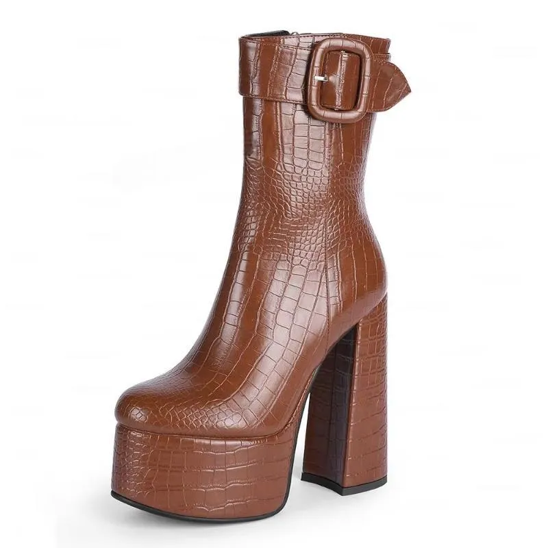 Women Ankle Platform Boots Side Zip Thick Block High Heels Boots