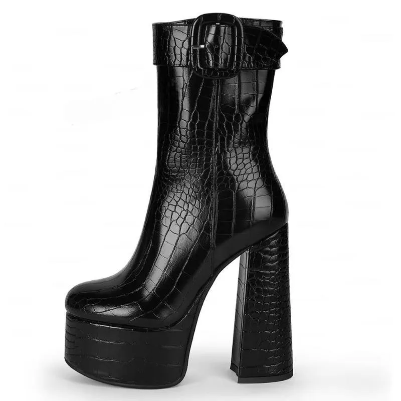 Women Ankle Platform Boots Side Zip Thick Block High Heels Boots