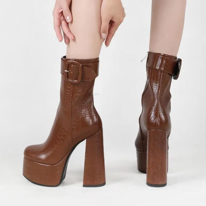 Women Ankle Platform Boots Side Zip Thick Block High Heels Boots