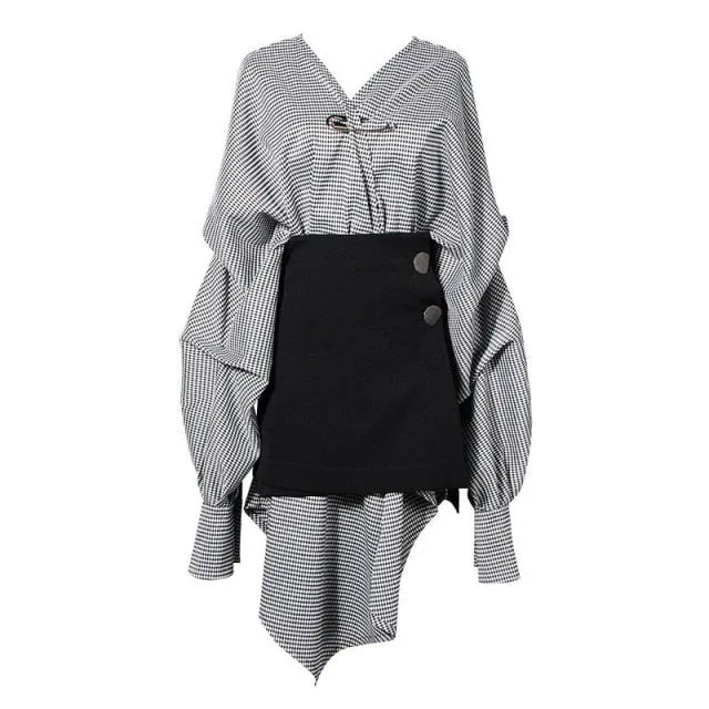 Women Black Plaid Irregular Stitch Big Size Dress