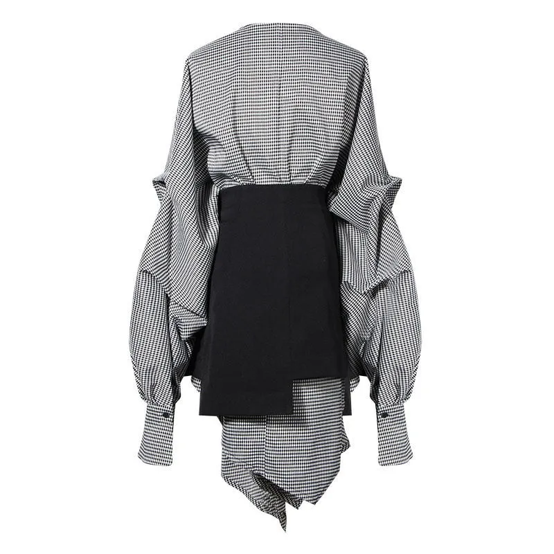 Women Black Plaid Irregular Stitch Big Size Dress