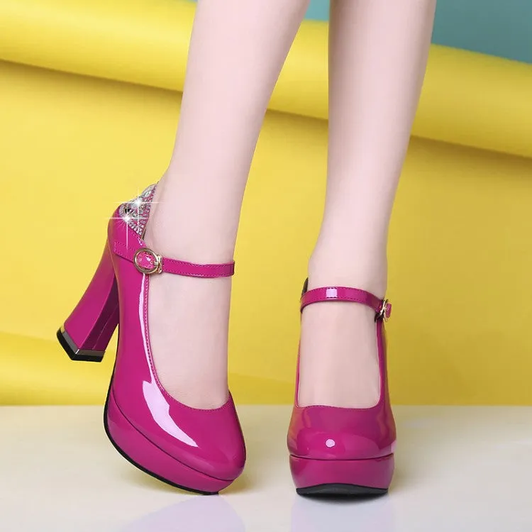 Women  Glossy Round Toe Shallow Back Rhinestone Spool Heel Platform Pumps