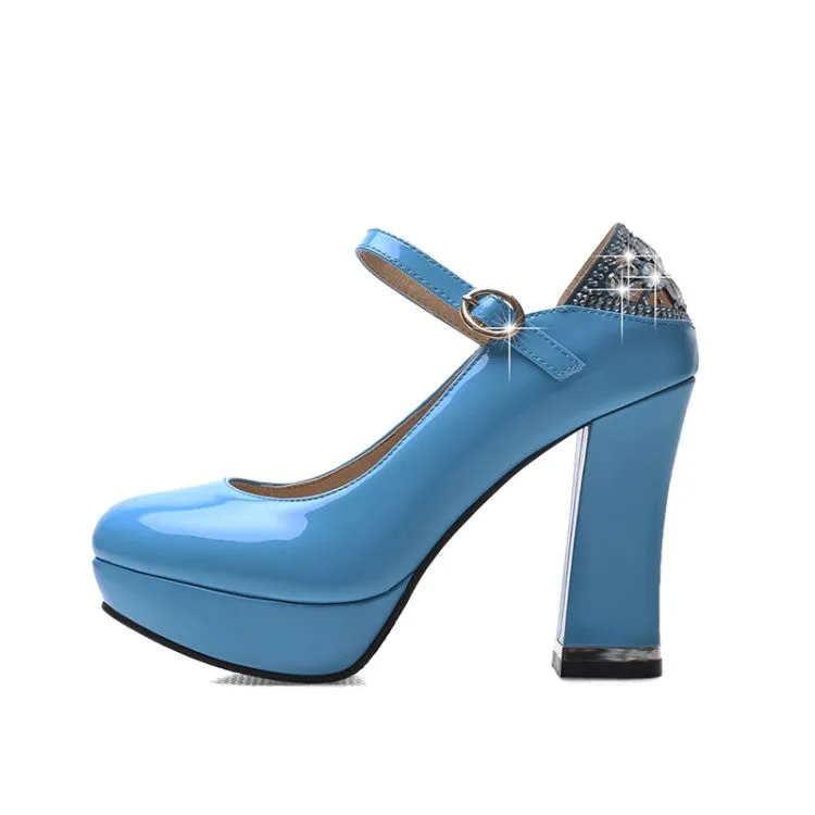 Women  Glossy Round Toe Shallow Back Rhinestone Spool Heel Platform Pumps