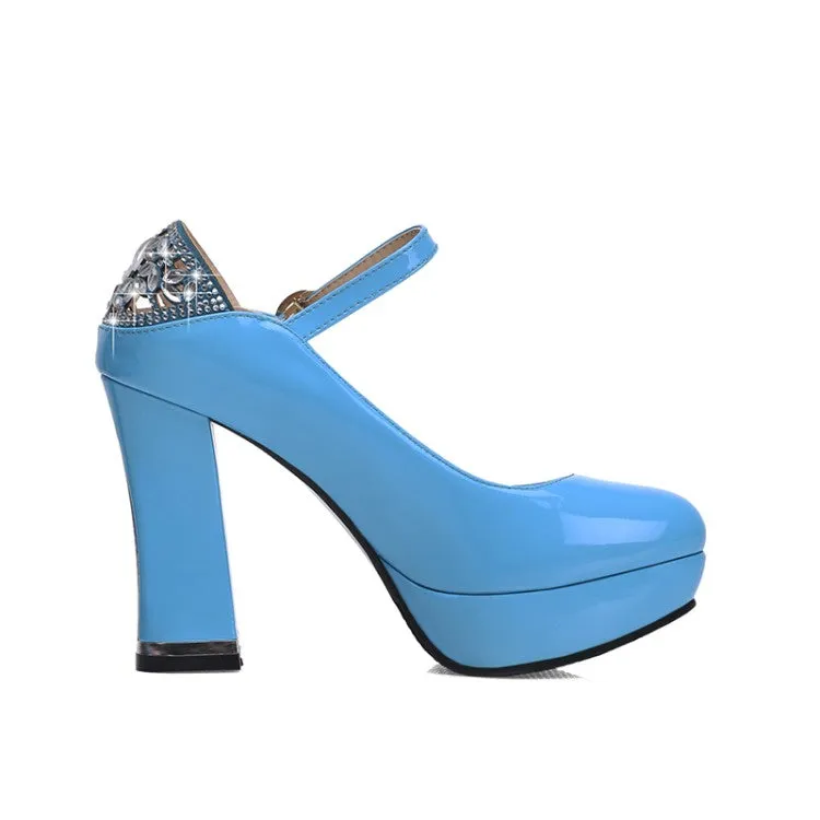 Women  Glossy Round Toe Shallow Back Rhinestone Spool Heel Platform Pumps