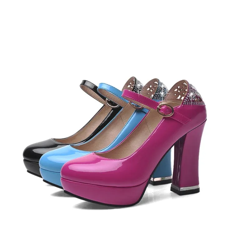 Women  Glossy Round Toe Shallow Back Rhinestone Spool Heel Platform Pumps
