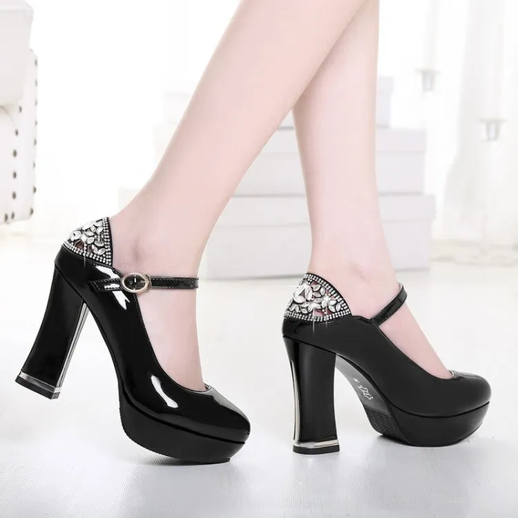 Women  Glossy Round Toe Shallow Back Rhinestone Spool Heel Platform Pumps
