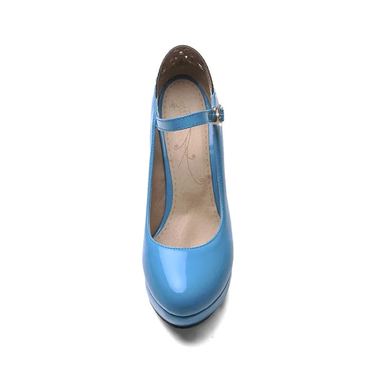 Women  Glossy Round Toe Shallow Back Rhinestone Spool Heel Platform Pumps