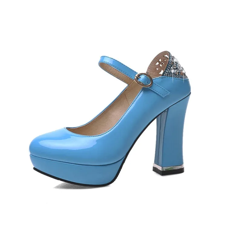 Women  Glossy Round Toe Shallow Back Rhinestone Spool Heel Platform Pumps