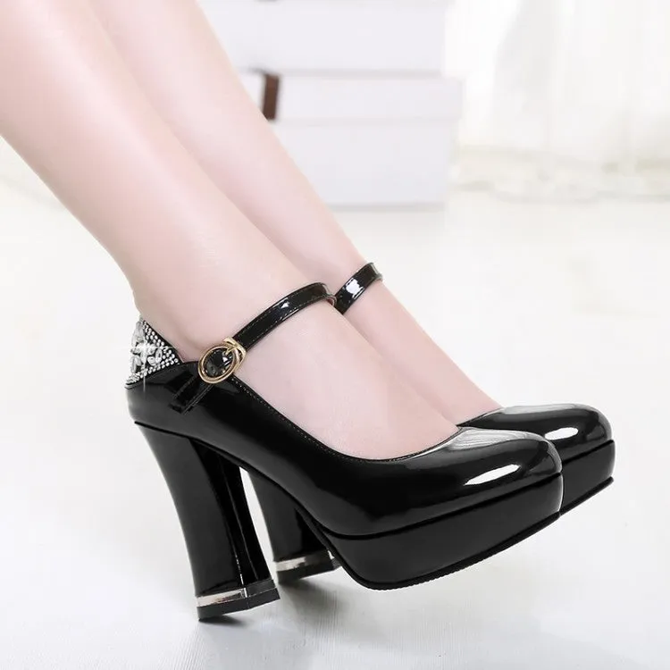 Women  Glossy Round Toe Shallow Back Rhinestone Spool Heel Platform Pumps