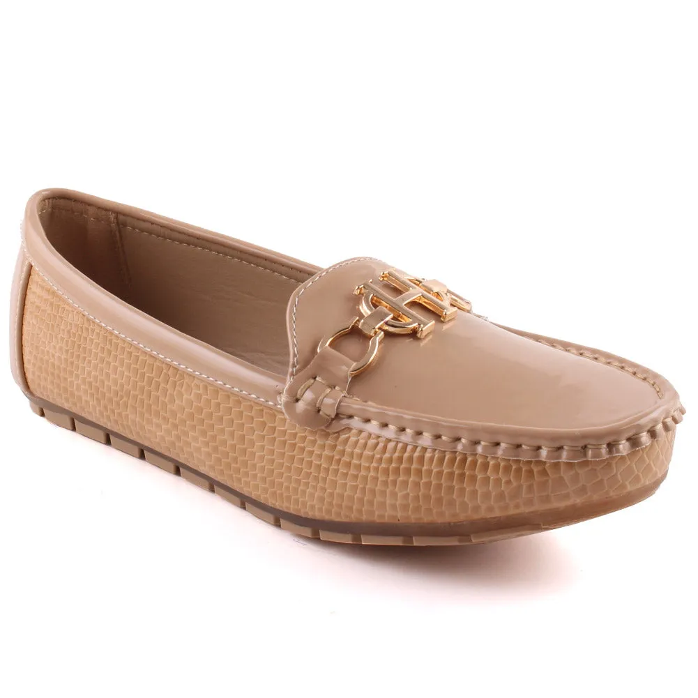 Women “ILESHA” Snake Texture  Patent Vamp Metallic Buckle Moccasin Shoes