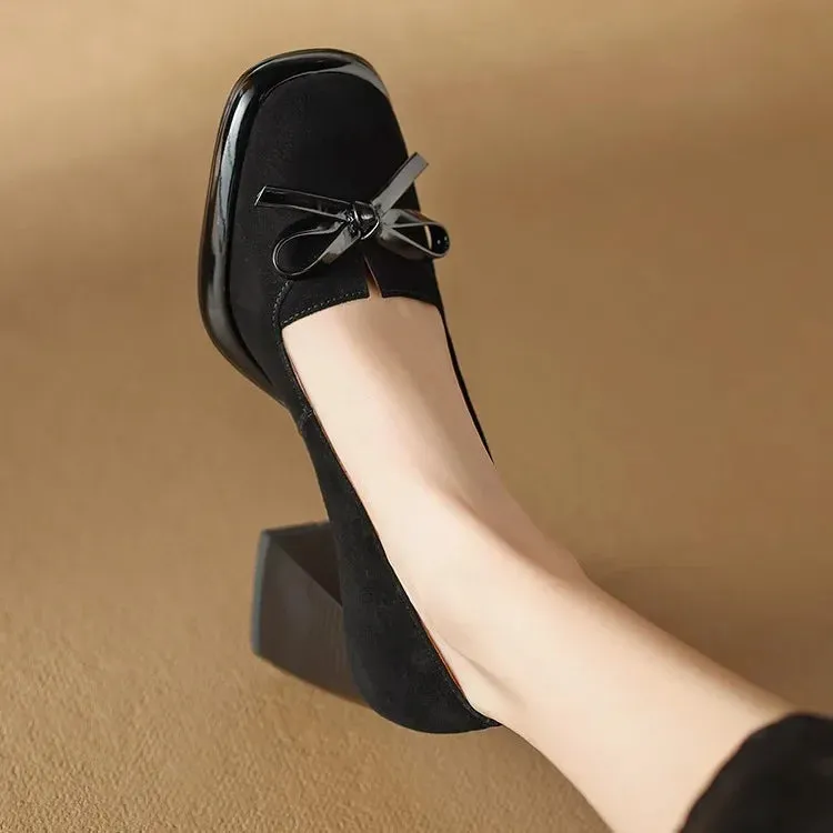Women Shoes  Spring Retro High Heels Butterfly Knot Square Heels
