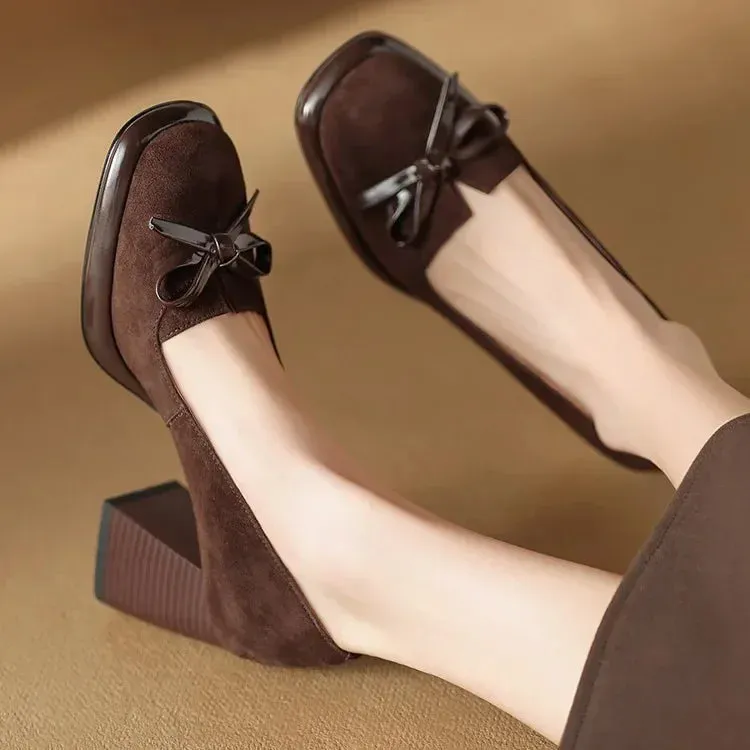 Women Shoes  Spring Retro High Heels Butterfly Knot Square Heels