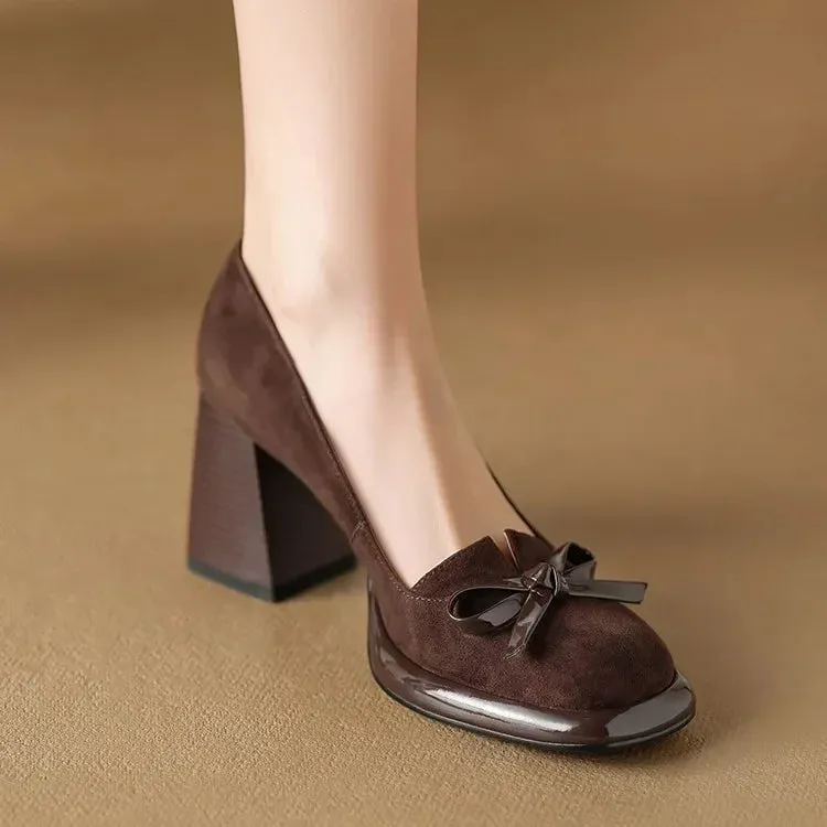 Women Shoes  Spring Retro High Heels Butterfly Knot Square Heels