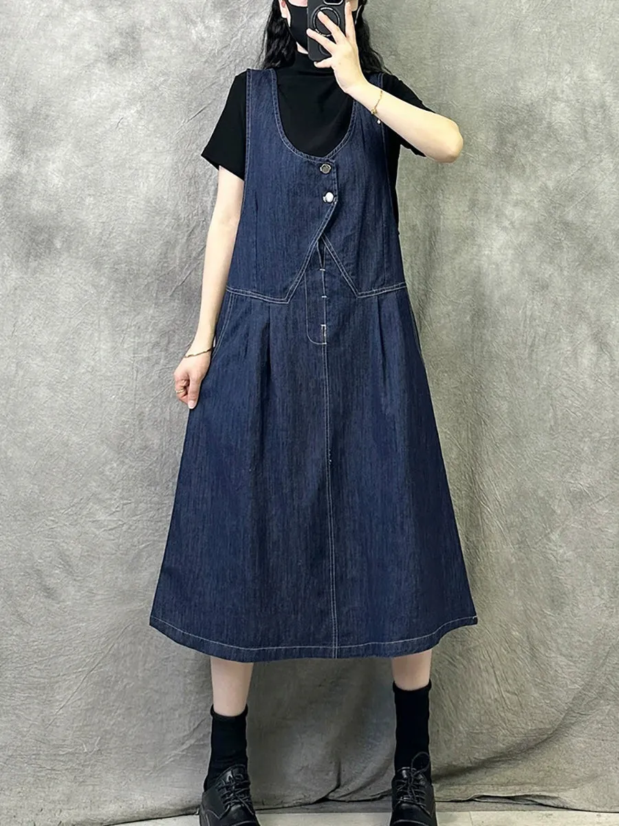 Women Spring Artsy Pure Color Denim Suspender Dress