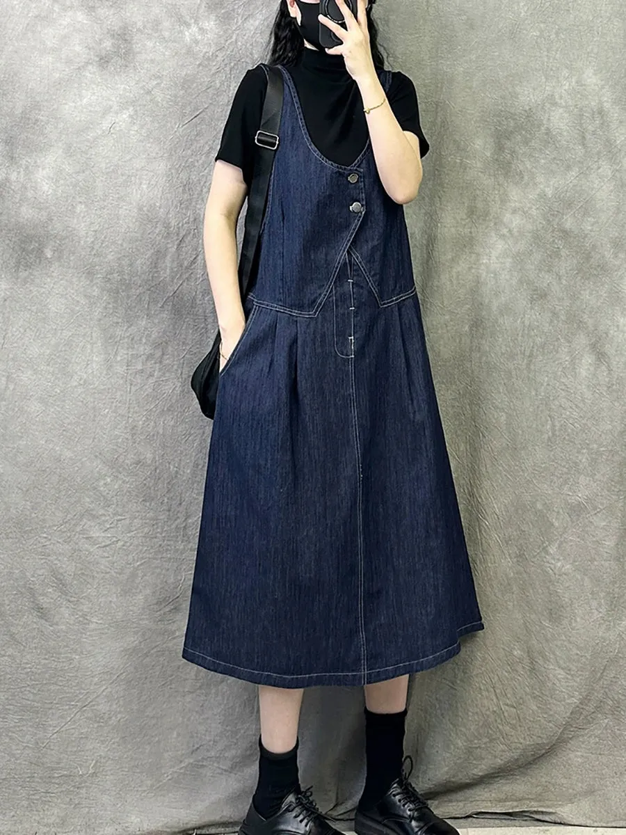 Women Spring Artsy Pure Color Denim Suspender Dress