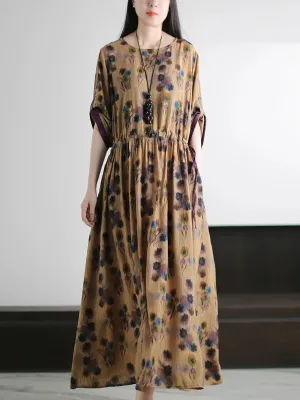 Women Summer Artsy Floral O-Neck Loose Silk Maxi Dress