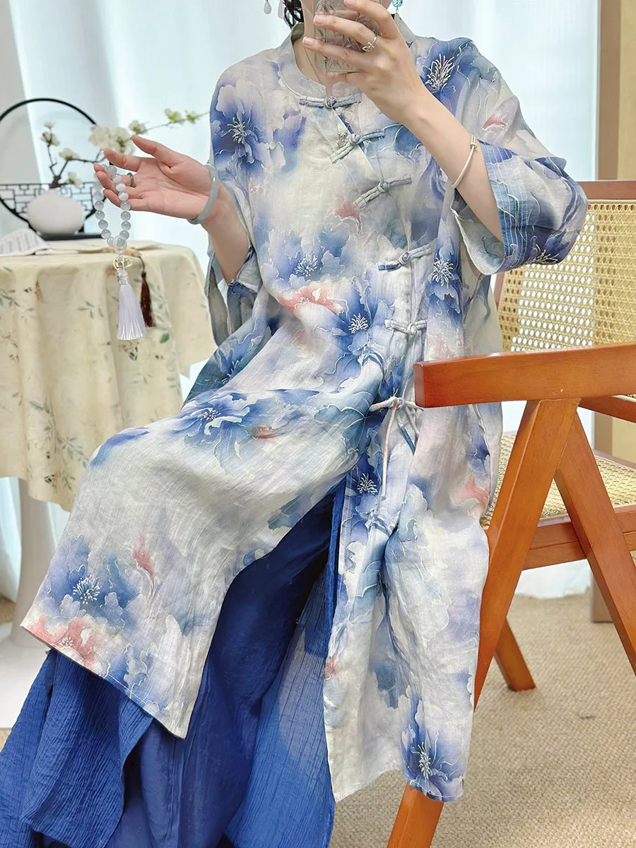Women Summer Artsy Flower Stand Collar 100%Ramie Dress