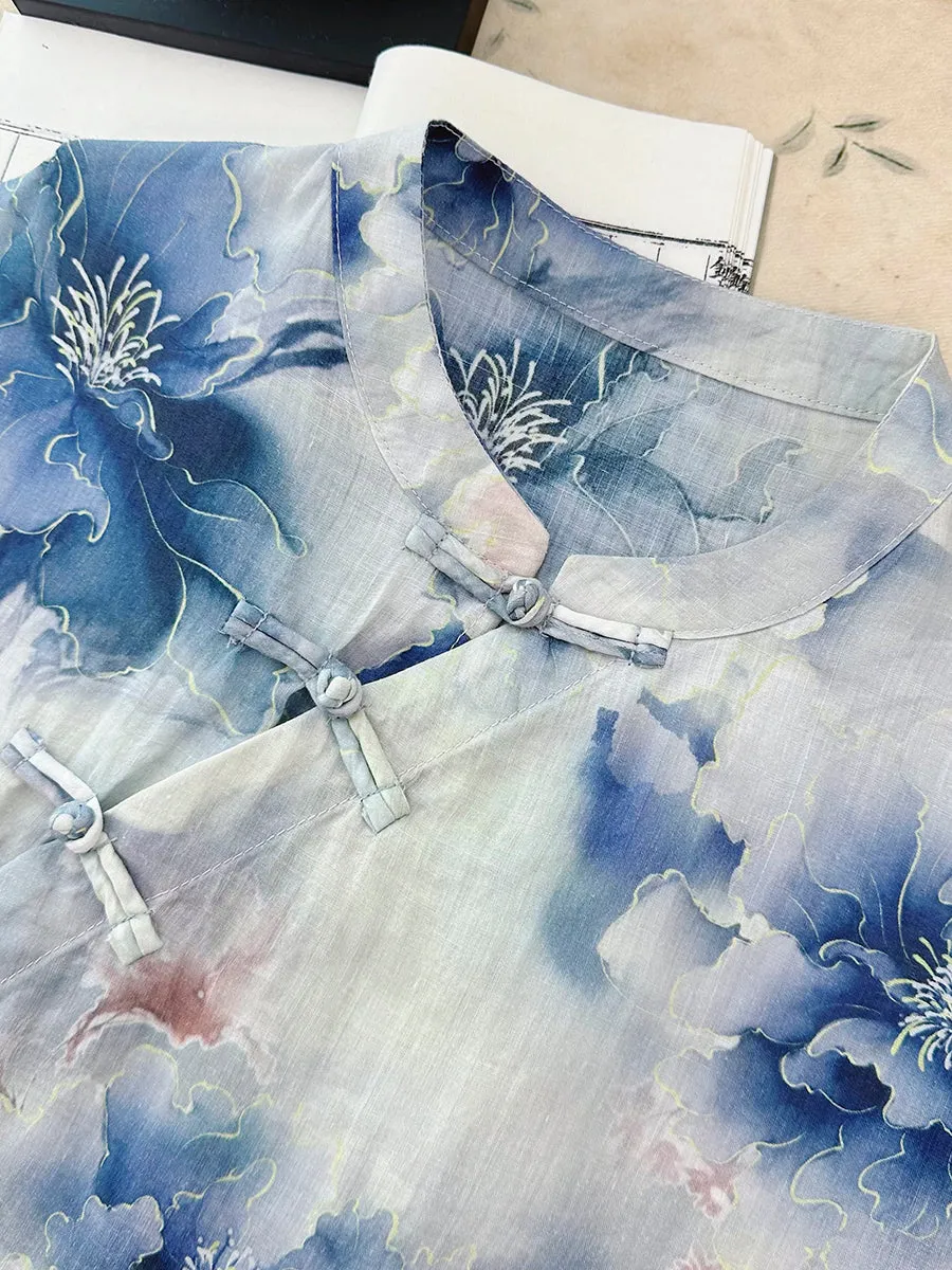 Women Summer Artsy Flower Stand Collar 100%Ramie Dress