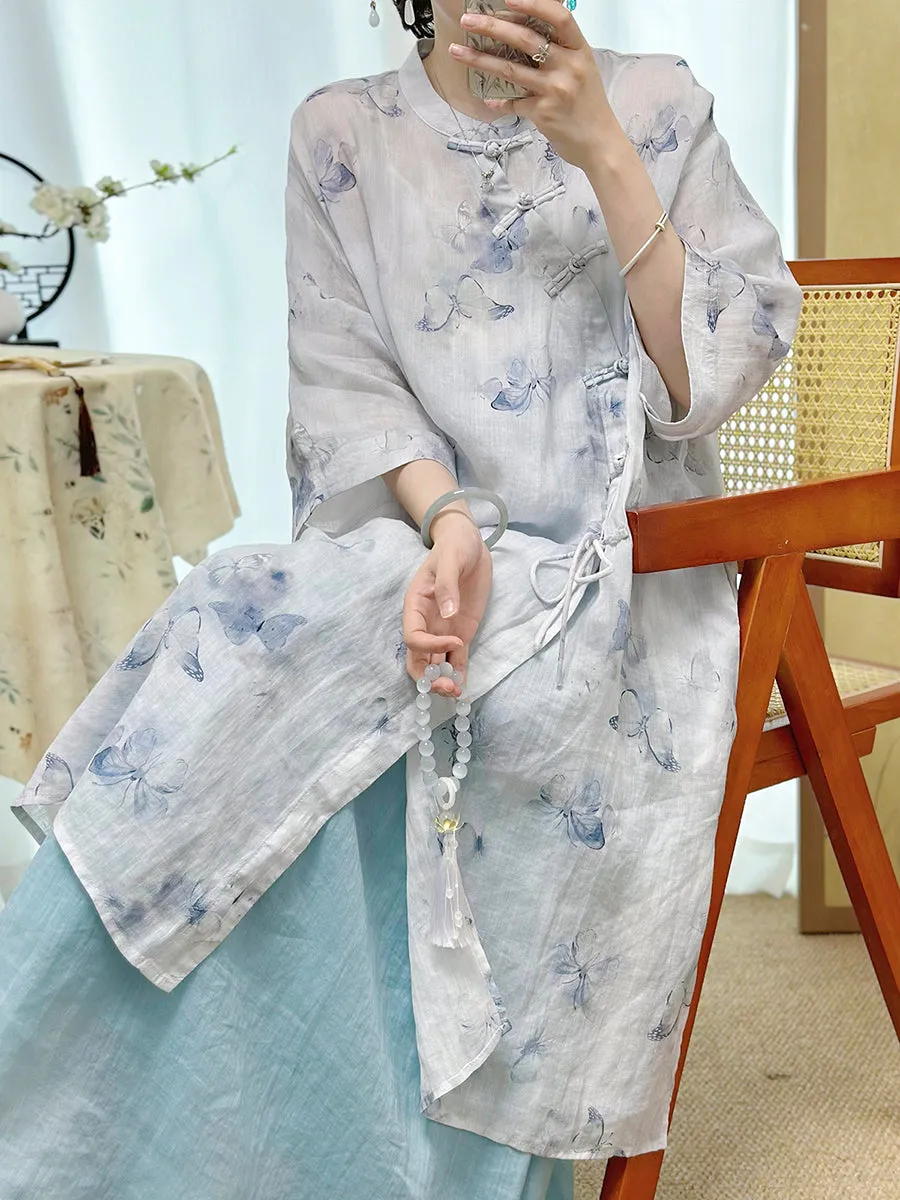 Women Summer Artsy Flower Stand Collar 100%Ramie Dress