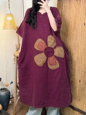 Women Summer Casual Flower Patchwork V-Neck Cotton Dress