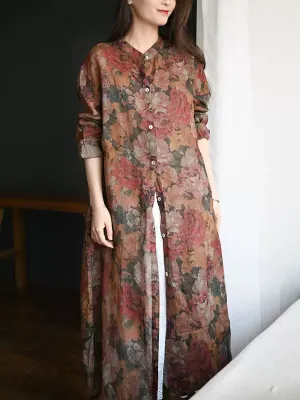 Women Summer Flower Stand Collar 100%Ramie Shirt Dress