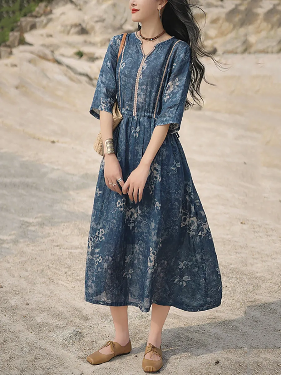 Women Summer Retro V-Neck Flower 100%Ramie Dress