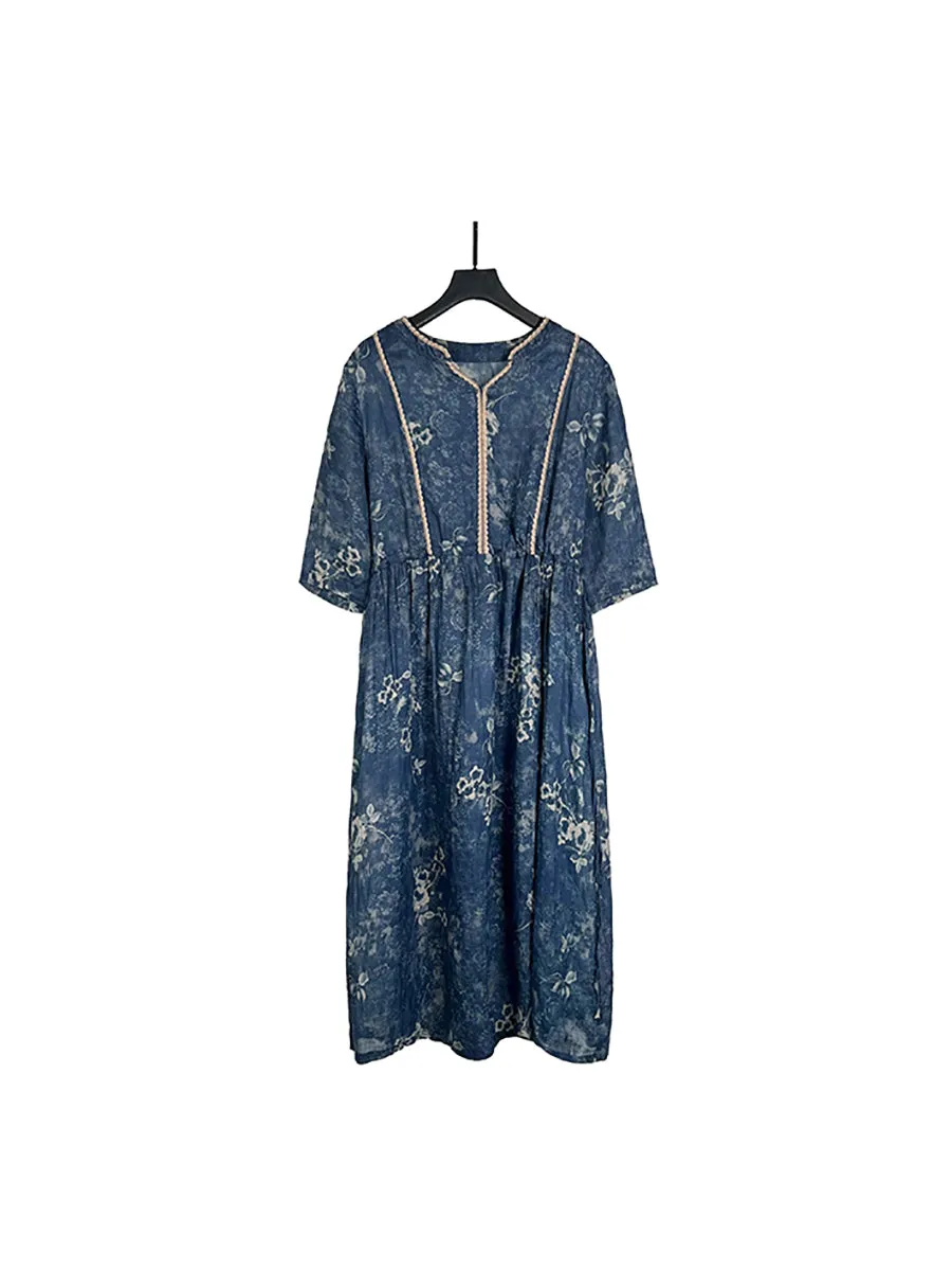 Women Summer Retro V-Neck Flower 100%Ramie Dress