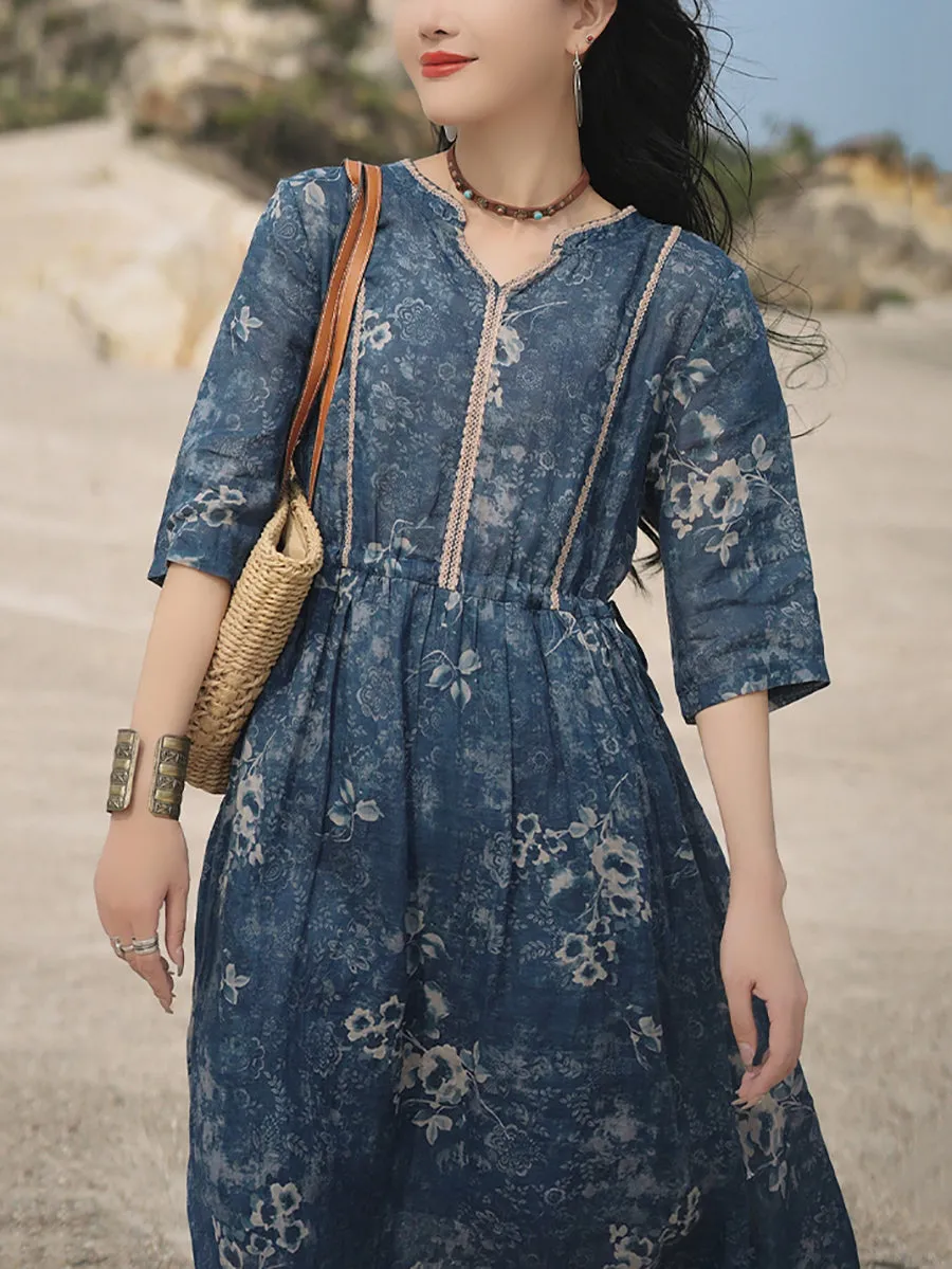 Women Summer Retro V-Neck Flower 100%Ramie Dress
