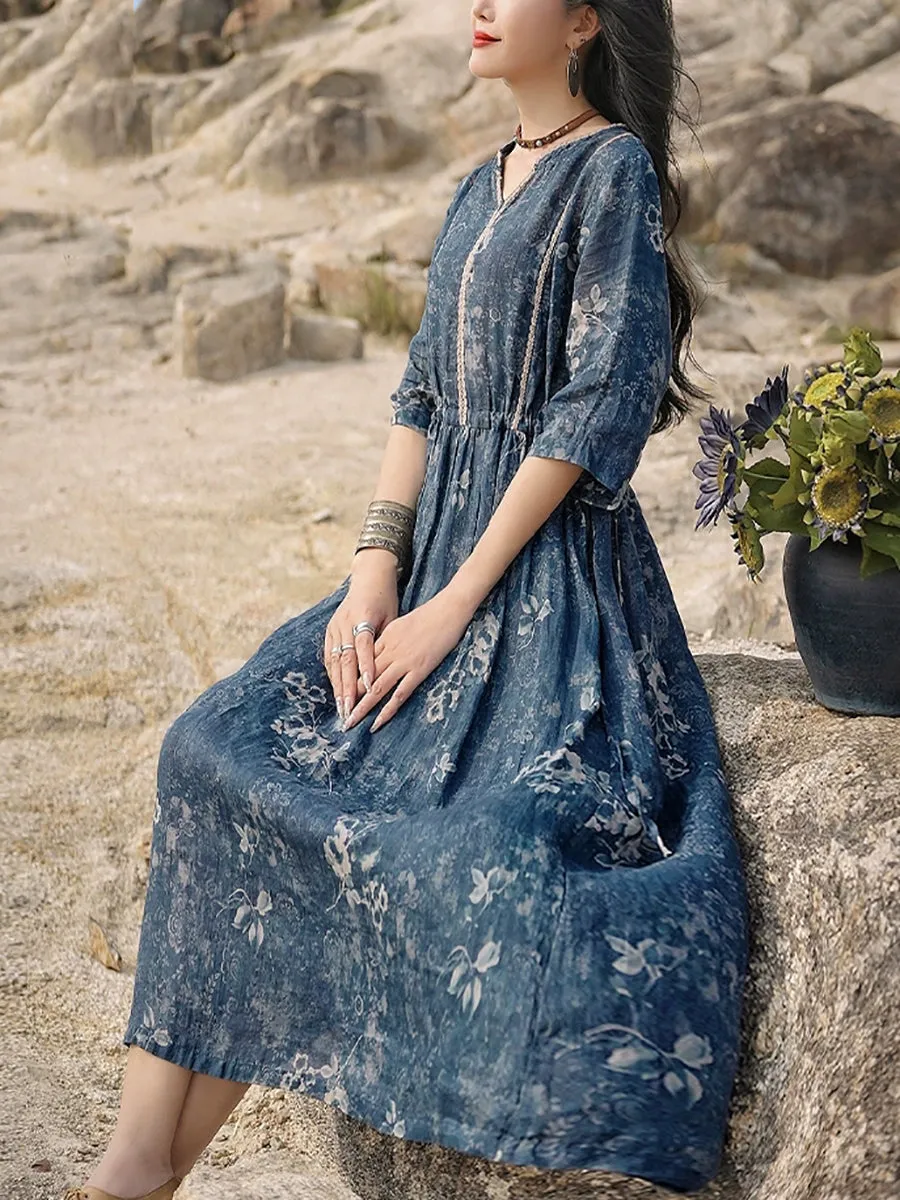 Women Summer Retro V-Neck Flower 100%Ramie Dress