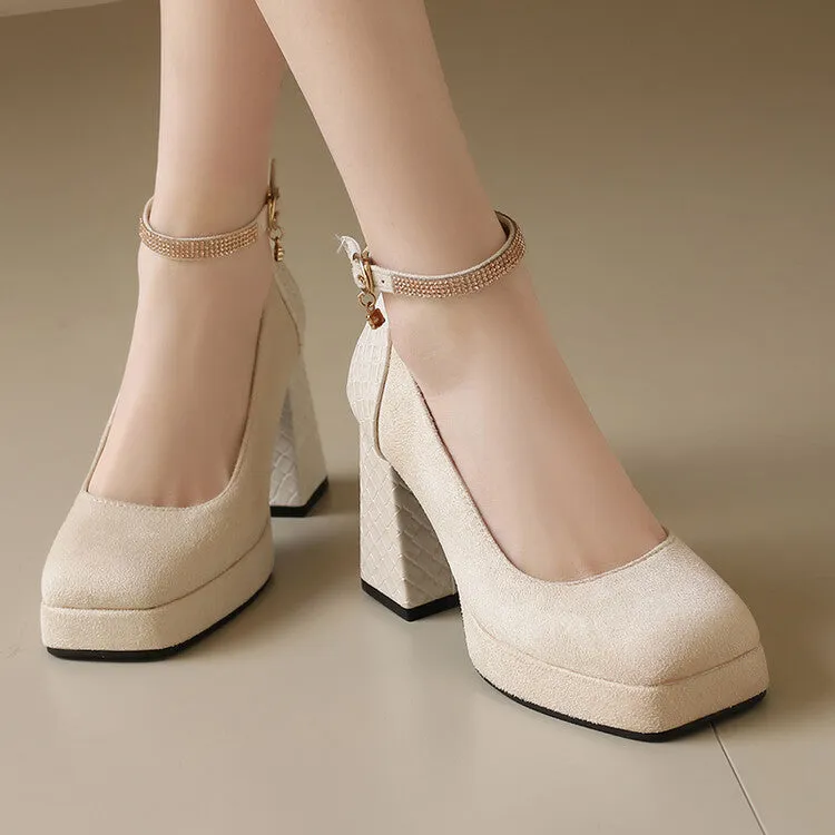Women's Ankle Strap Square Toe High Heel Platform Pumps