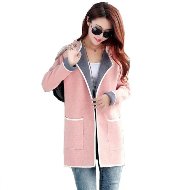 Women's Autumn Coat Grey/pink Long trench coat Big size 2017 Knitted Open stitch Female trench coat Windbreaker Cardigan