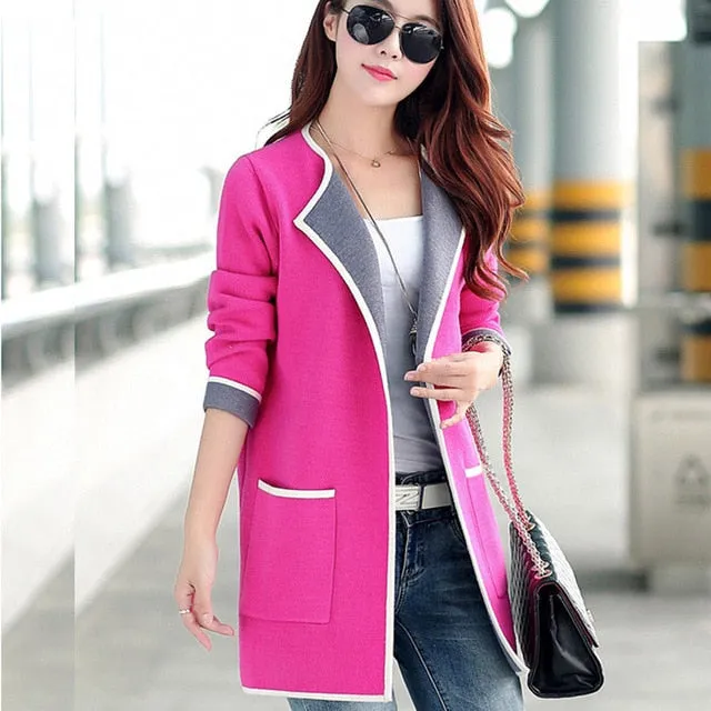 Women's Autumn Coat Grey/pink Long trench coat Big size 2017 Knitted Open stitch Female trench coat Windbreaker Cardigan
