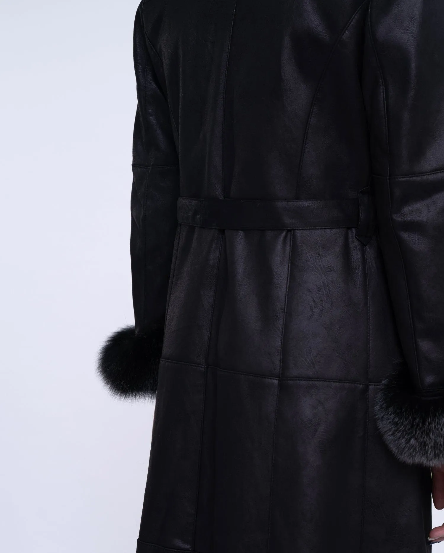 Women's Black Fox Fur Long Leather Coat with Belt
