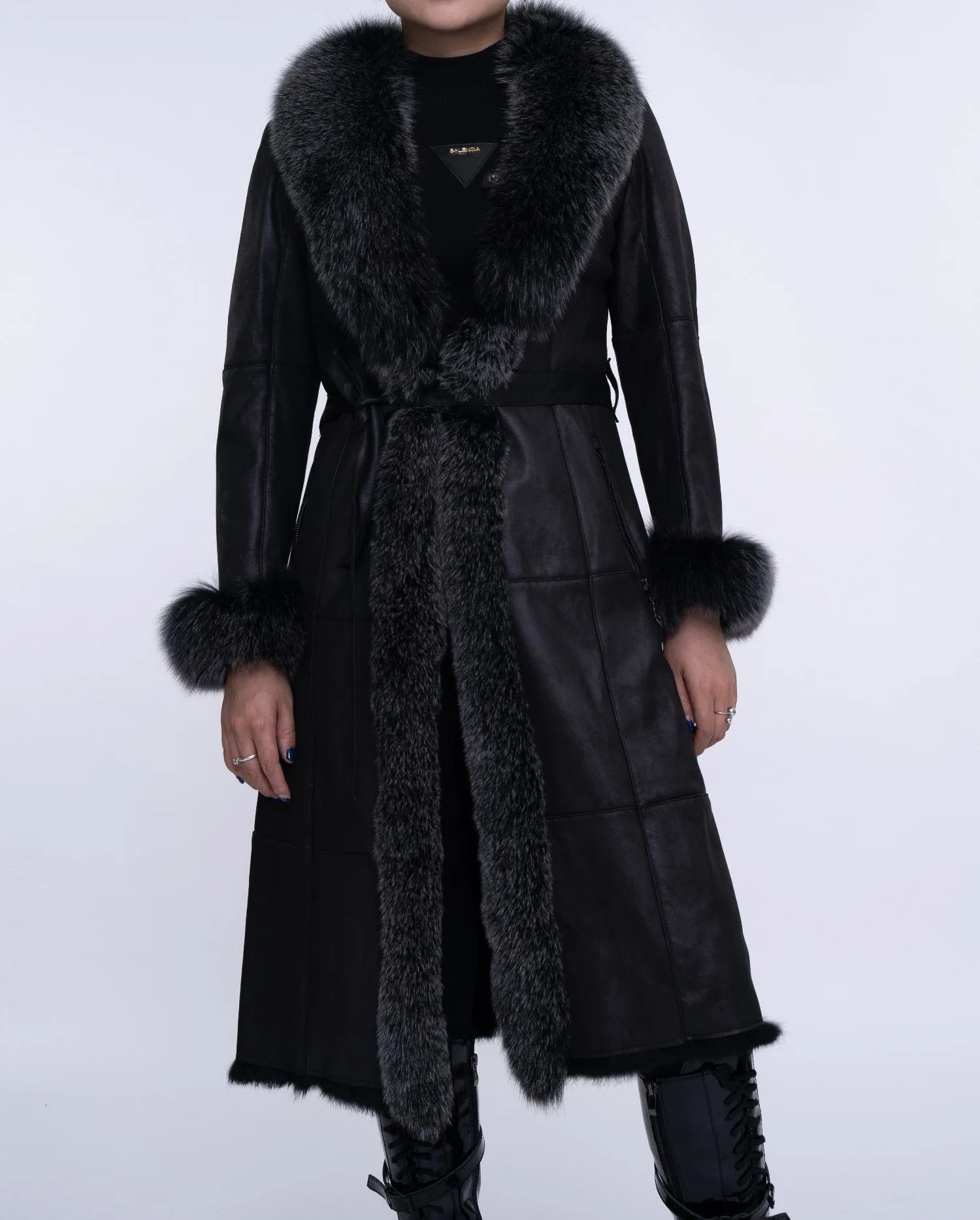 Women's Black Fox Fur Long Leather Coat with Belt