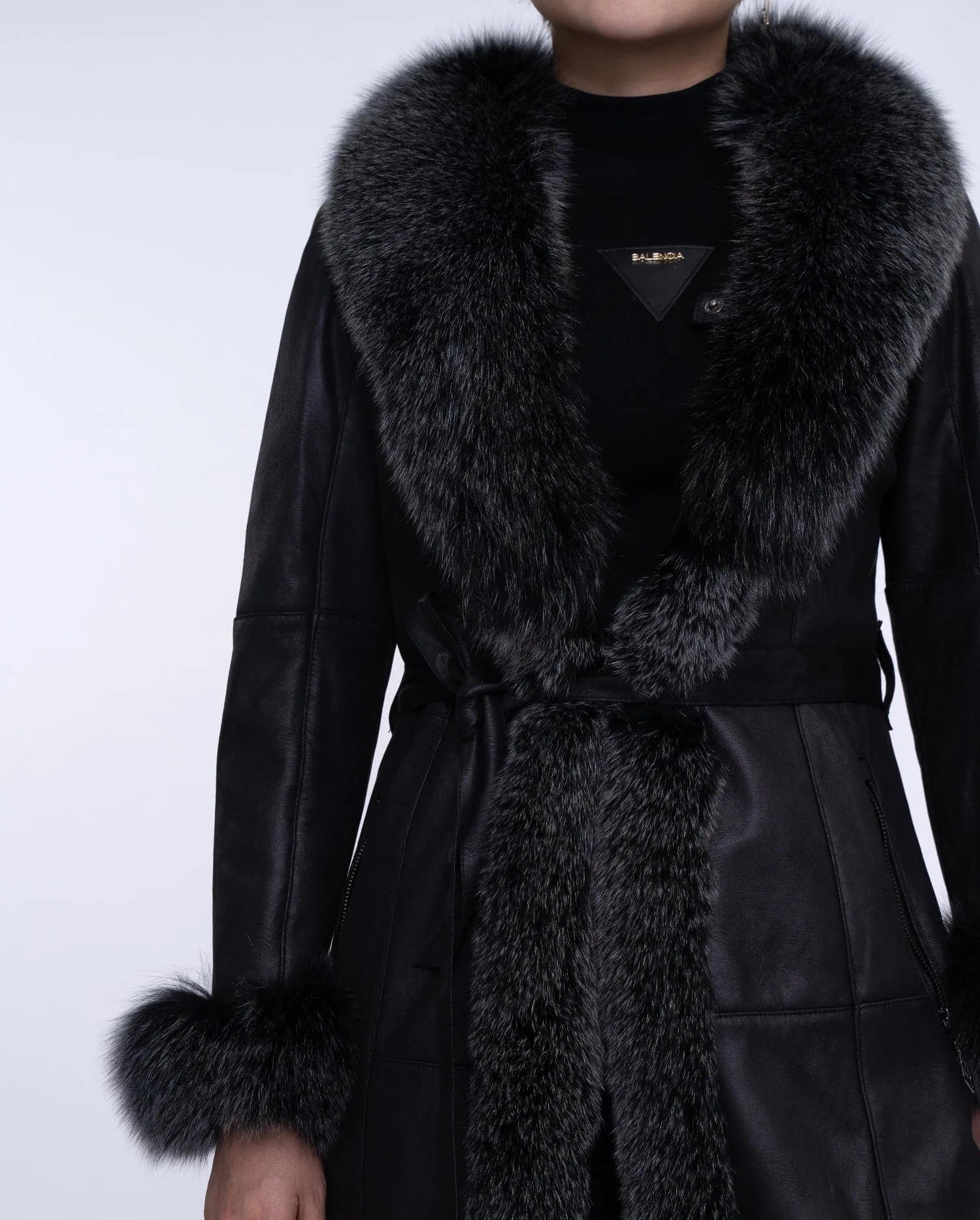 Women's Black Fox Fur Long Leather Coat with Belt