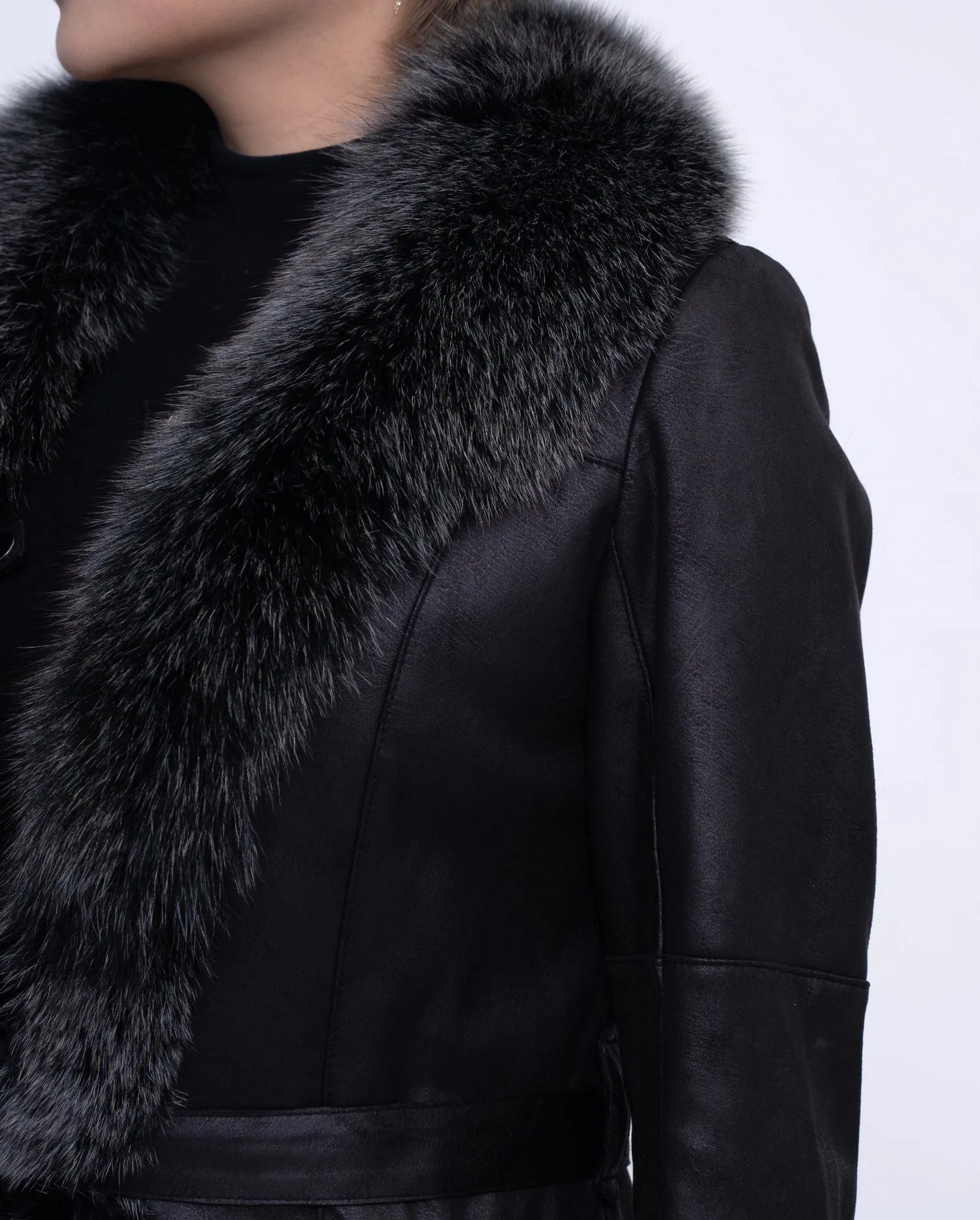 Women's Black Fox Fur Long Leather Coat with Belt