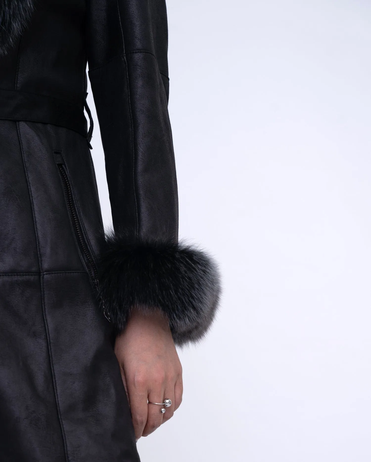 Women's Black Fox Fur Long Leather Coat with Belt