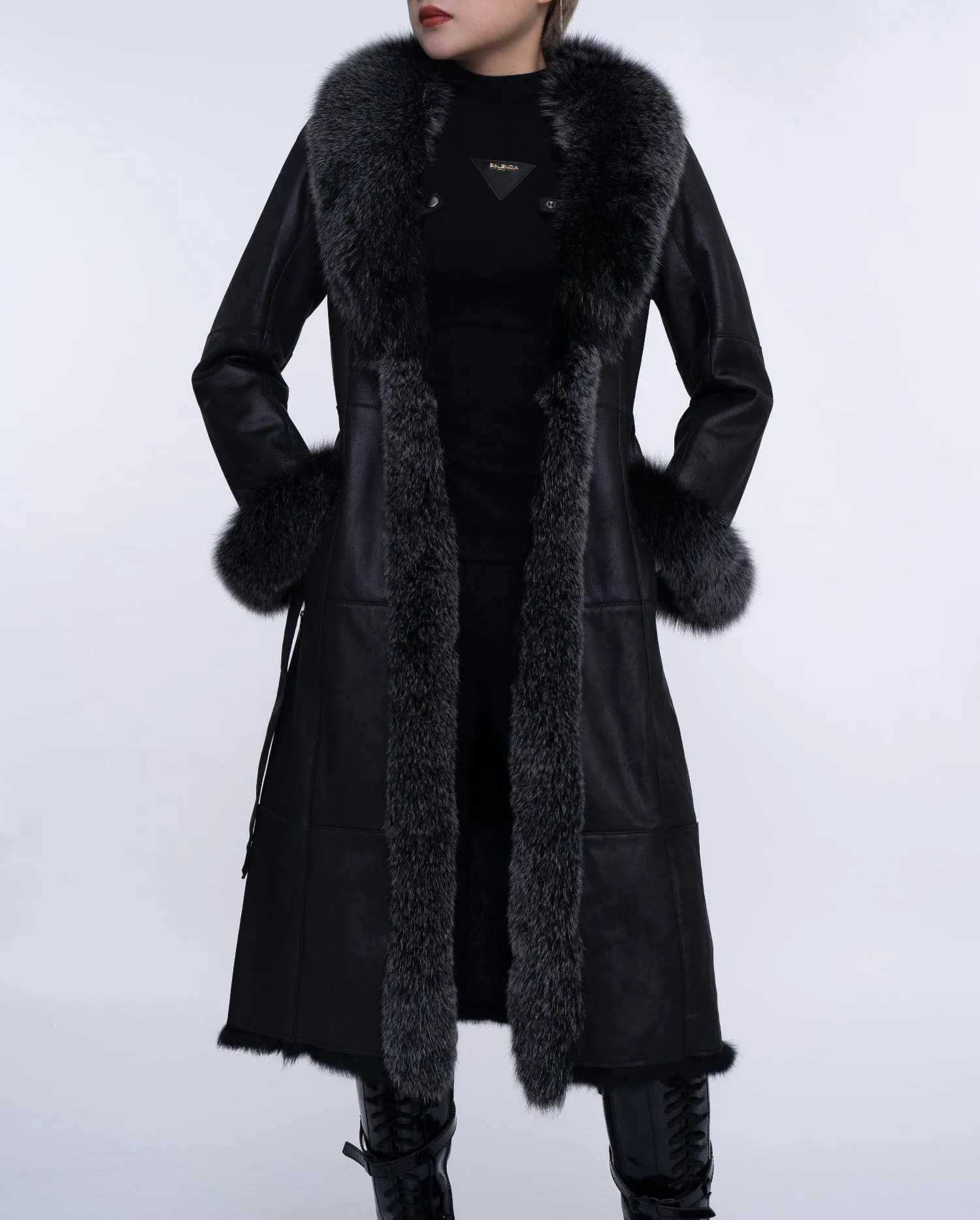 Women's Black Fox Fur Long Leather Coat with Belt