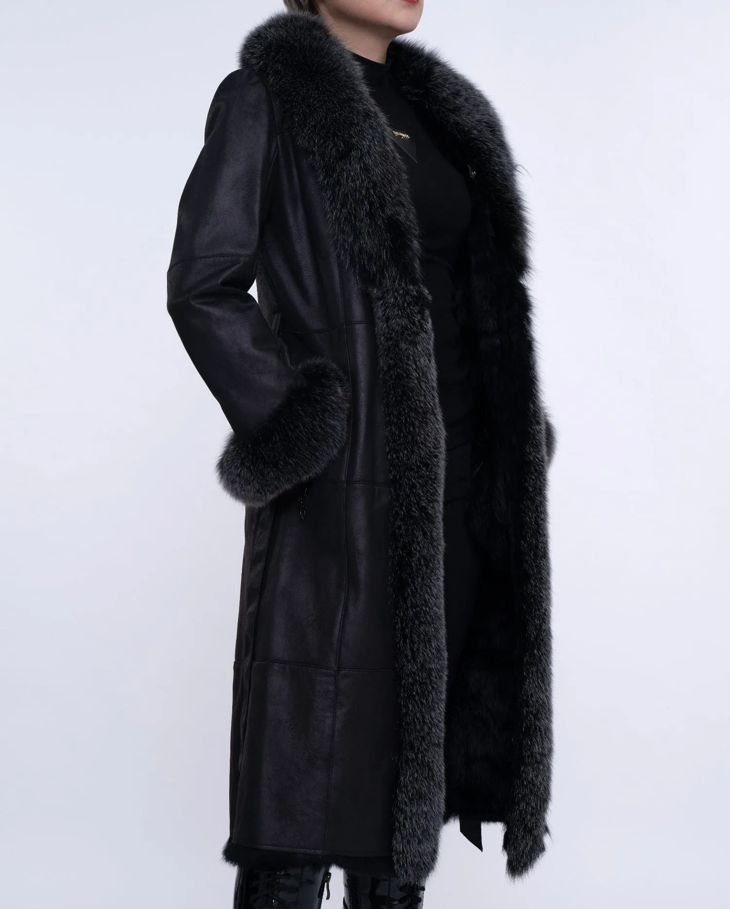 Women's Black Fox Fur Long Leather Coat with Belt