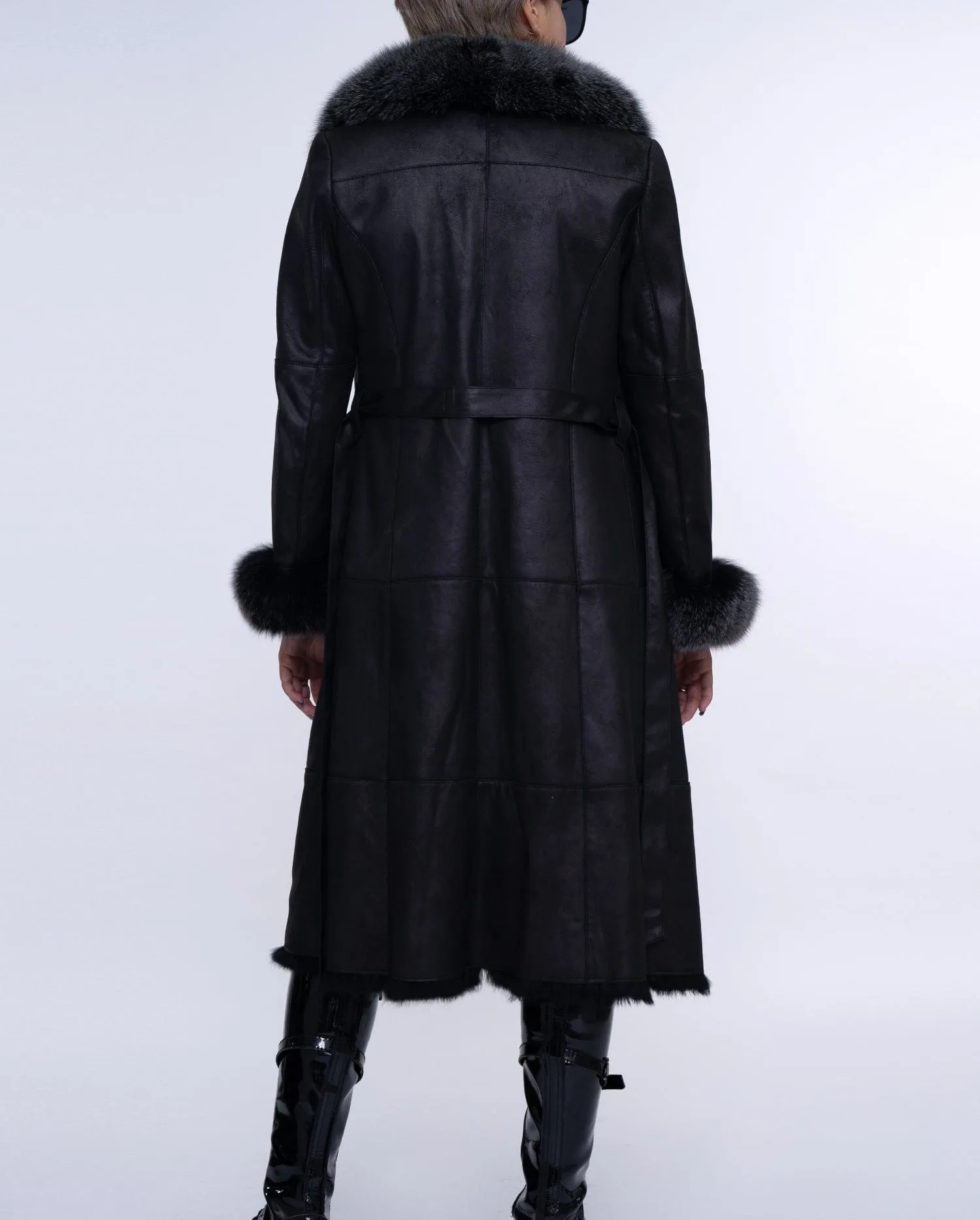 Women's Black Fox Fur Long Leather Coat with Belt