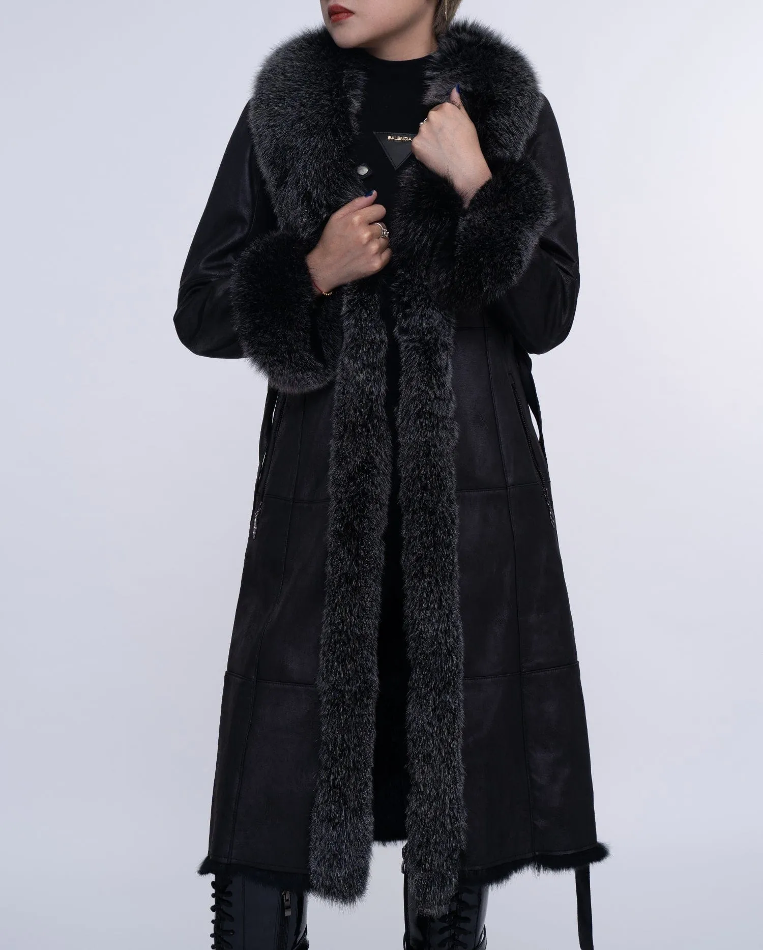 Women's Black Fox Fur Long Leather Coat with Belt