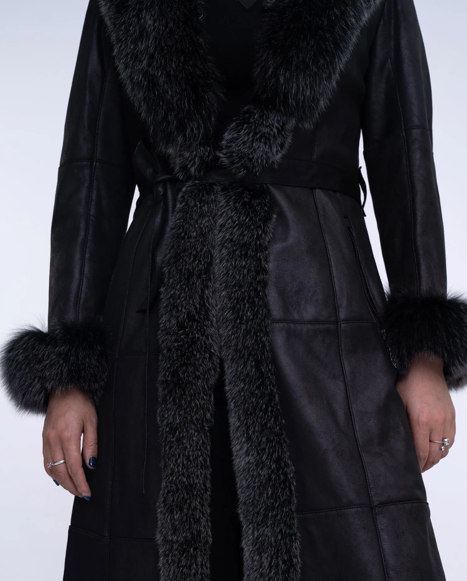 Women's Black Fox Fur Long Leather Coat with Belt