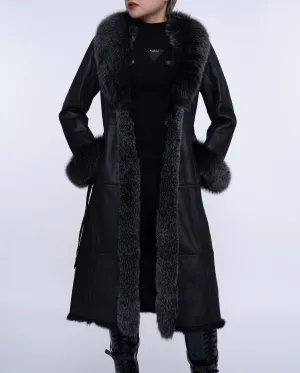 Women's Black Fox Fur Long Leather Coat with Belt