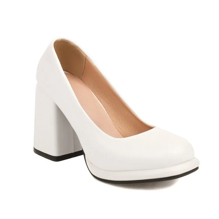 Women's Candy Color Square Toe Shallow Block Chunky Heel Platform Pumps