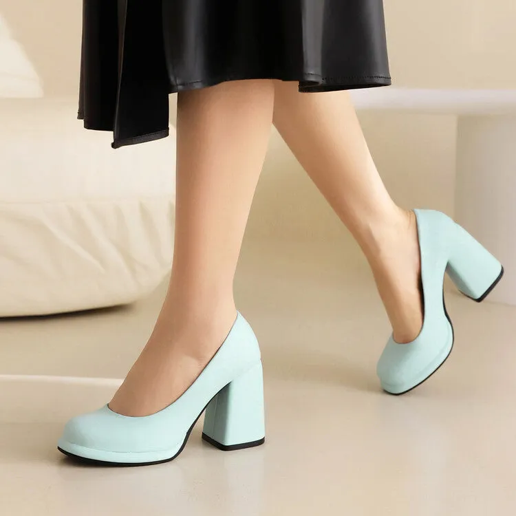 Women's Candy Color Square Toe Shallow Block Chunky Heel Platform Pumps